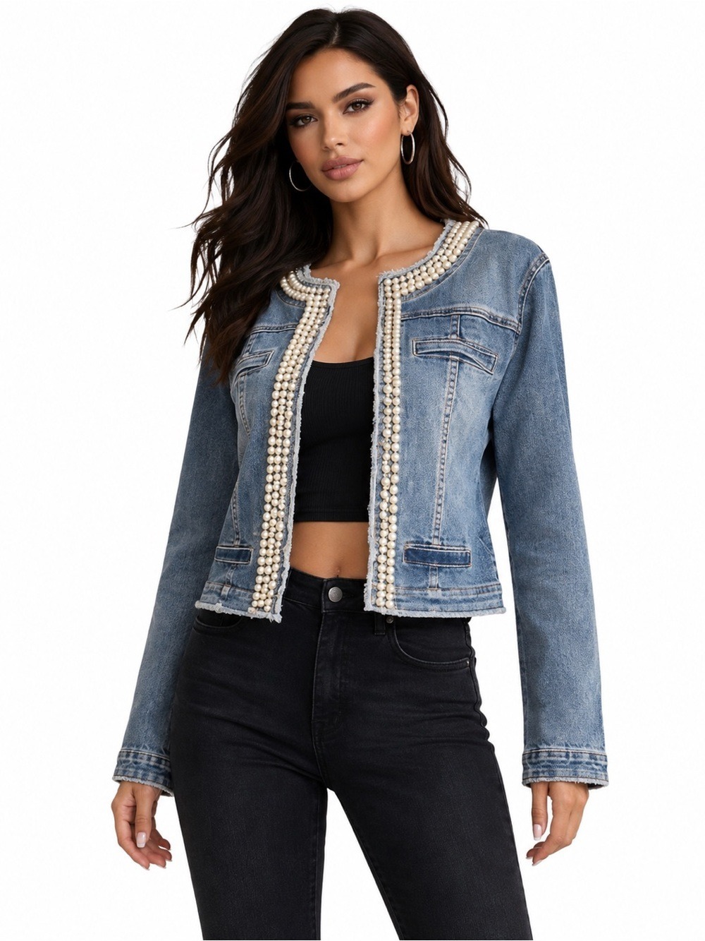 bebe Y2K Glam Pearl Trim Cropped Denim Jacket Blue L XL